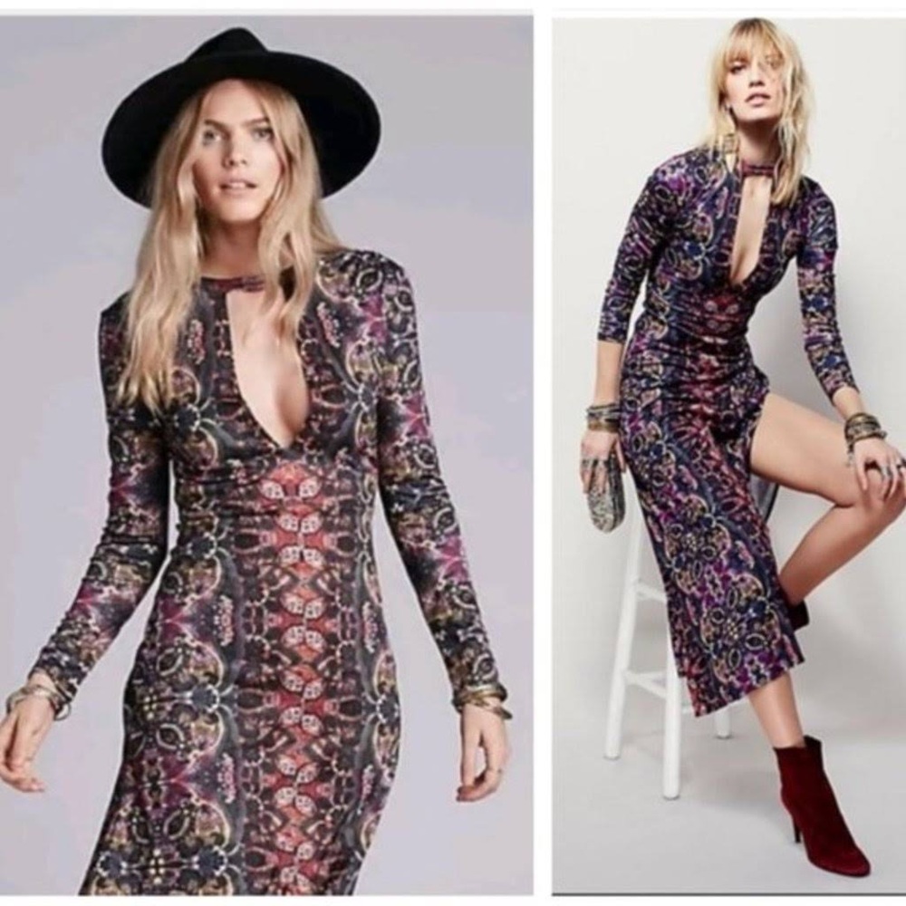 Free People Cabaret long sleeve maxi dress side slit keyhole size medium